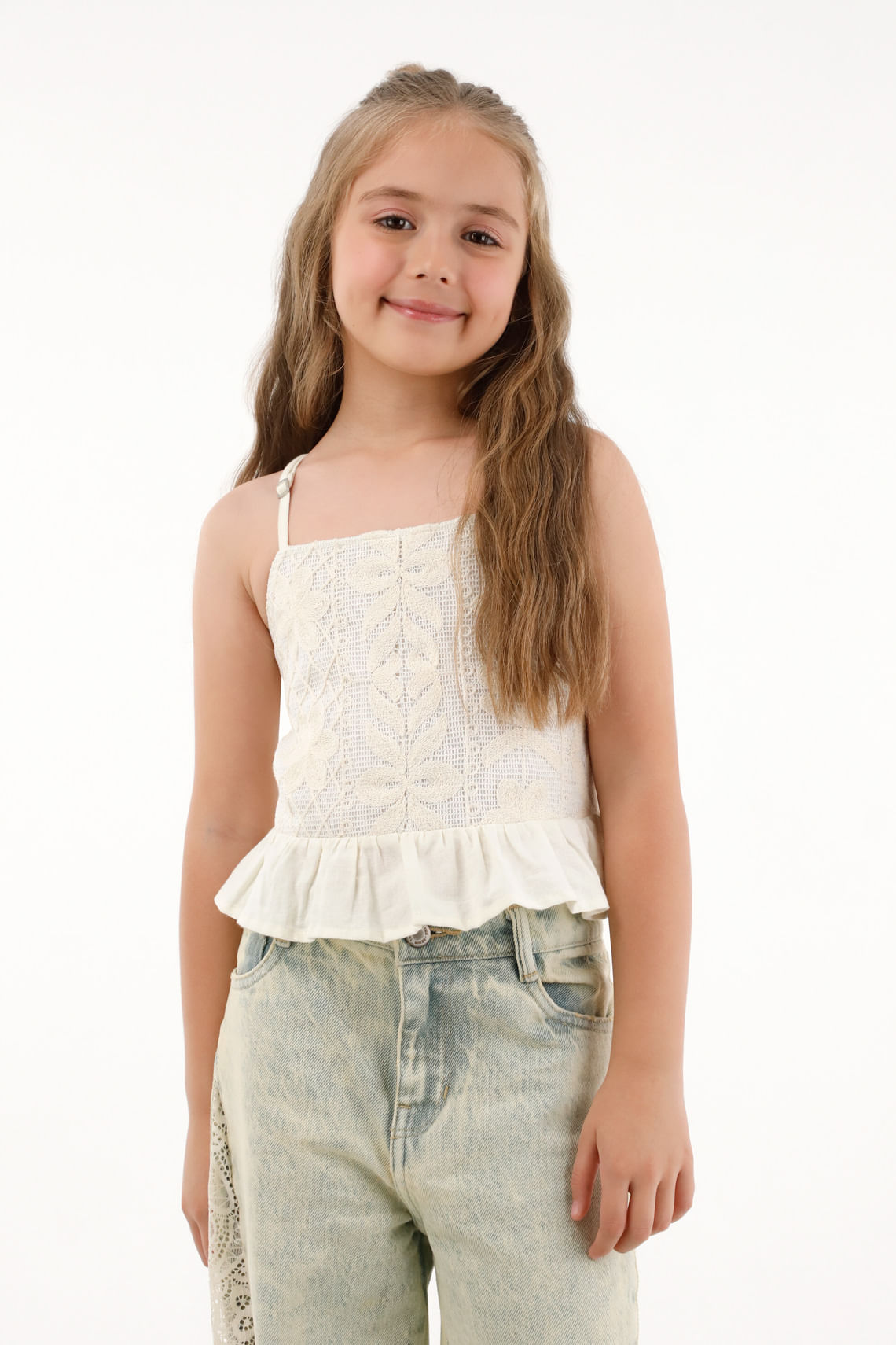 Camisa de tiras y escote recto crudo para niña