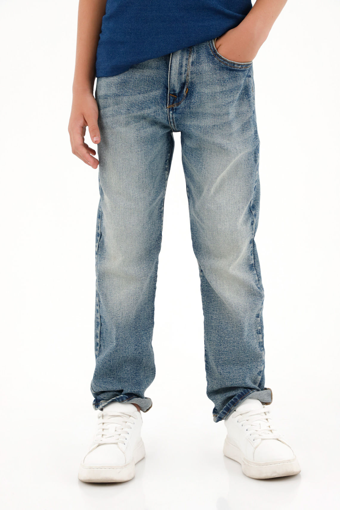 Jean Recto tono medio con realce en las costuras para niño