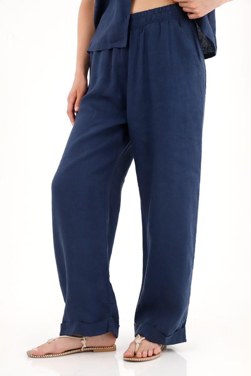 Pantalón con pretina elástica en 100% lino para mujer