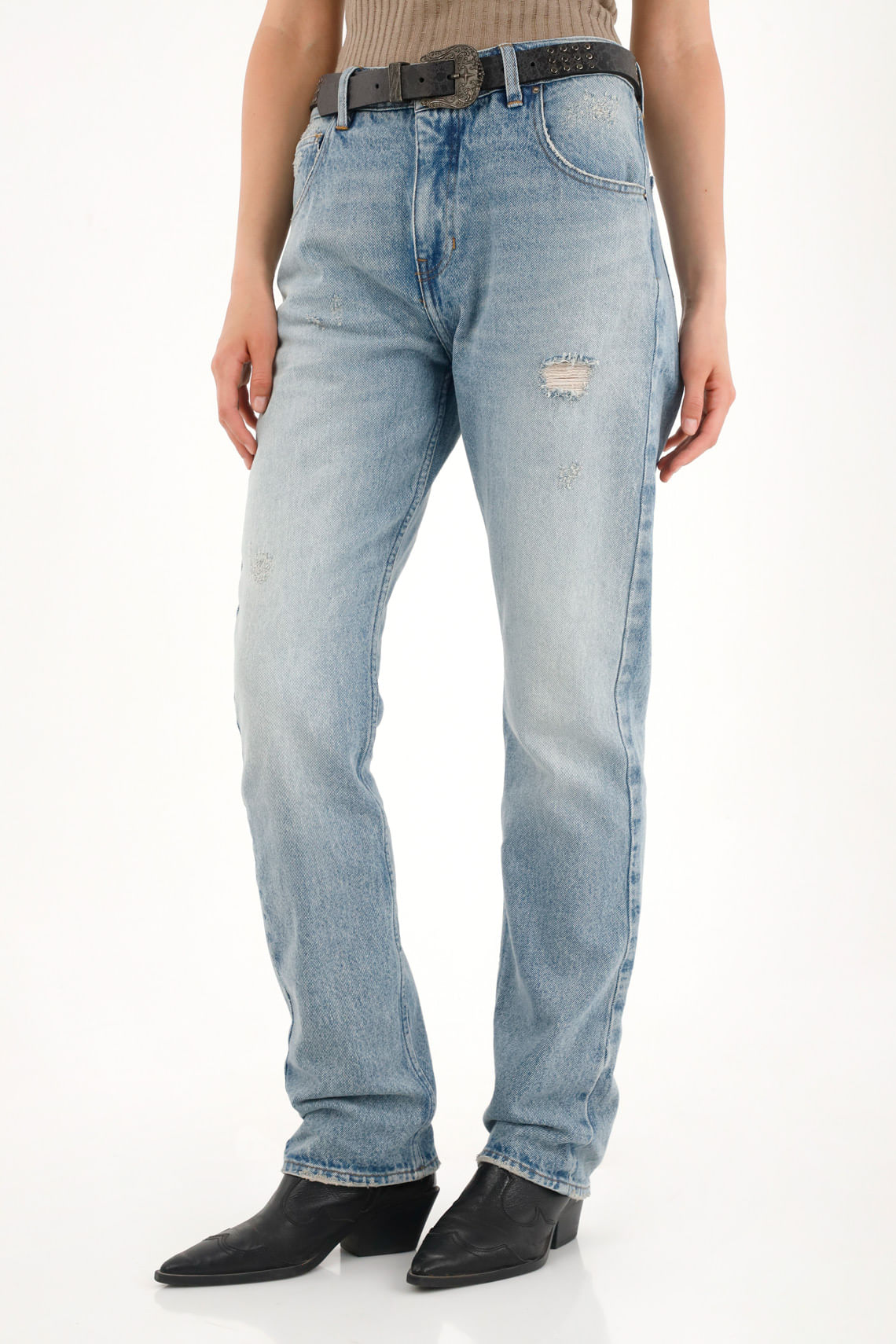 Jean Recto tiro alto con rotos localizados para mujer