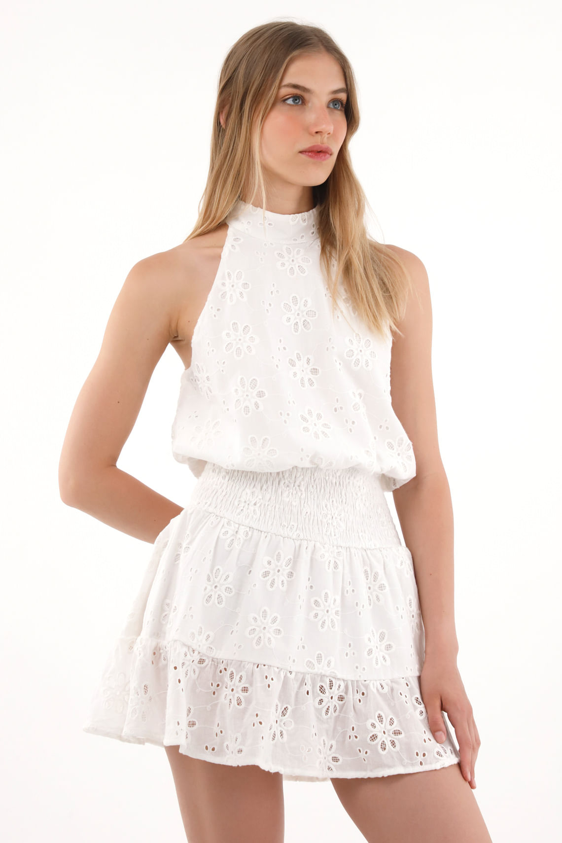 Vestido corto de cuello halter con bolero crudo para mujer