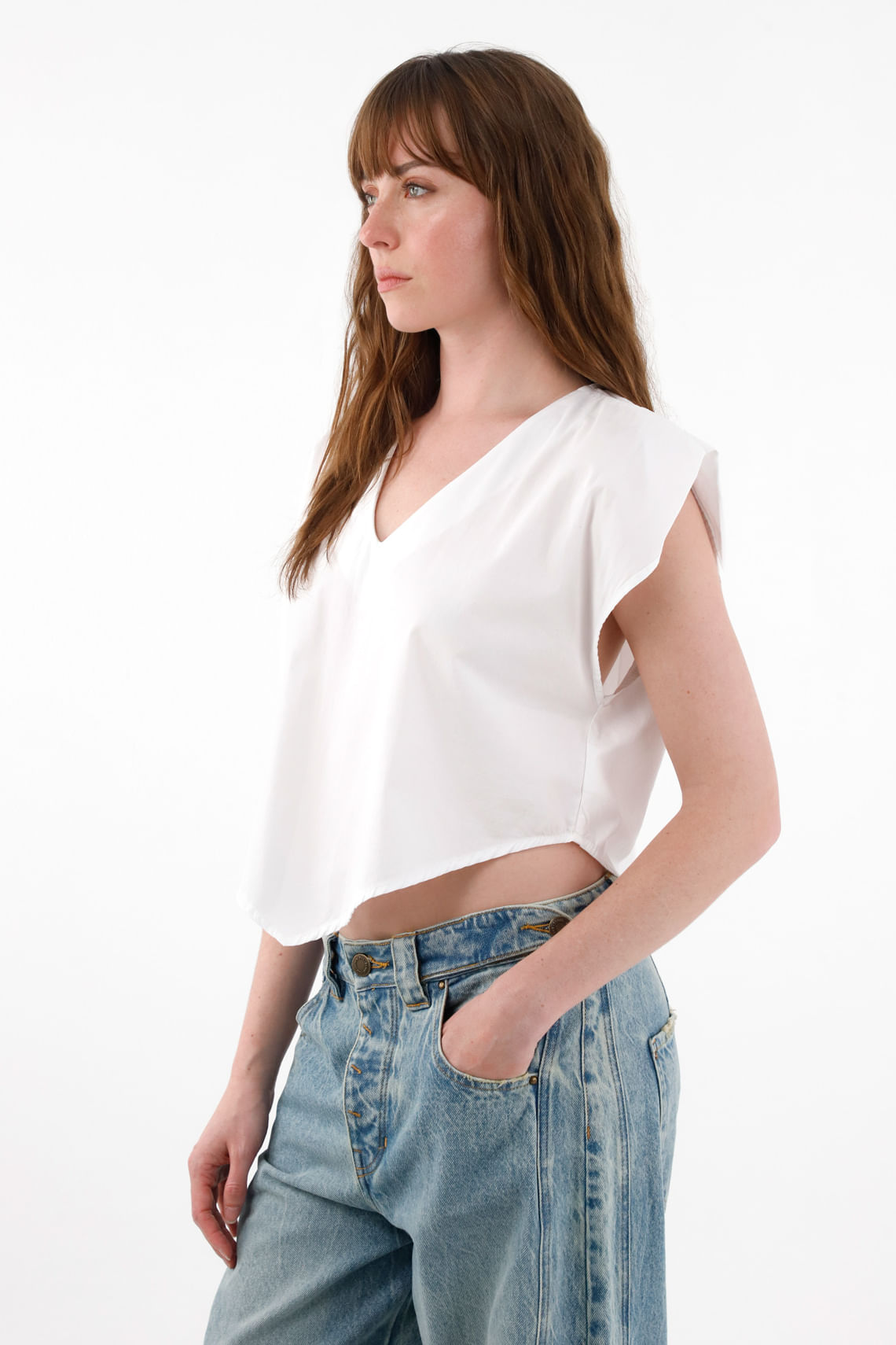 Camisa manga sisa escote en V blanca para mujer