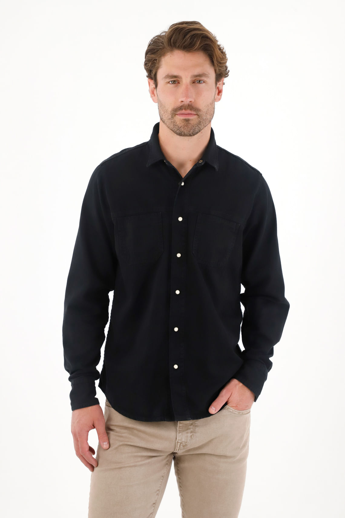 Camisa en dril liviano manga larga negra para hombre