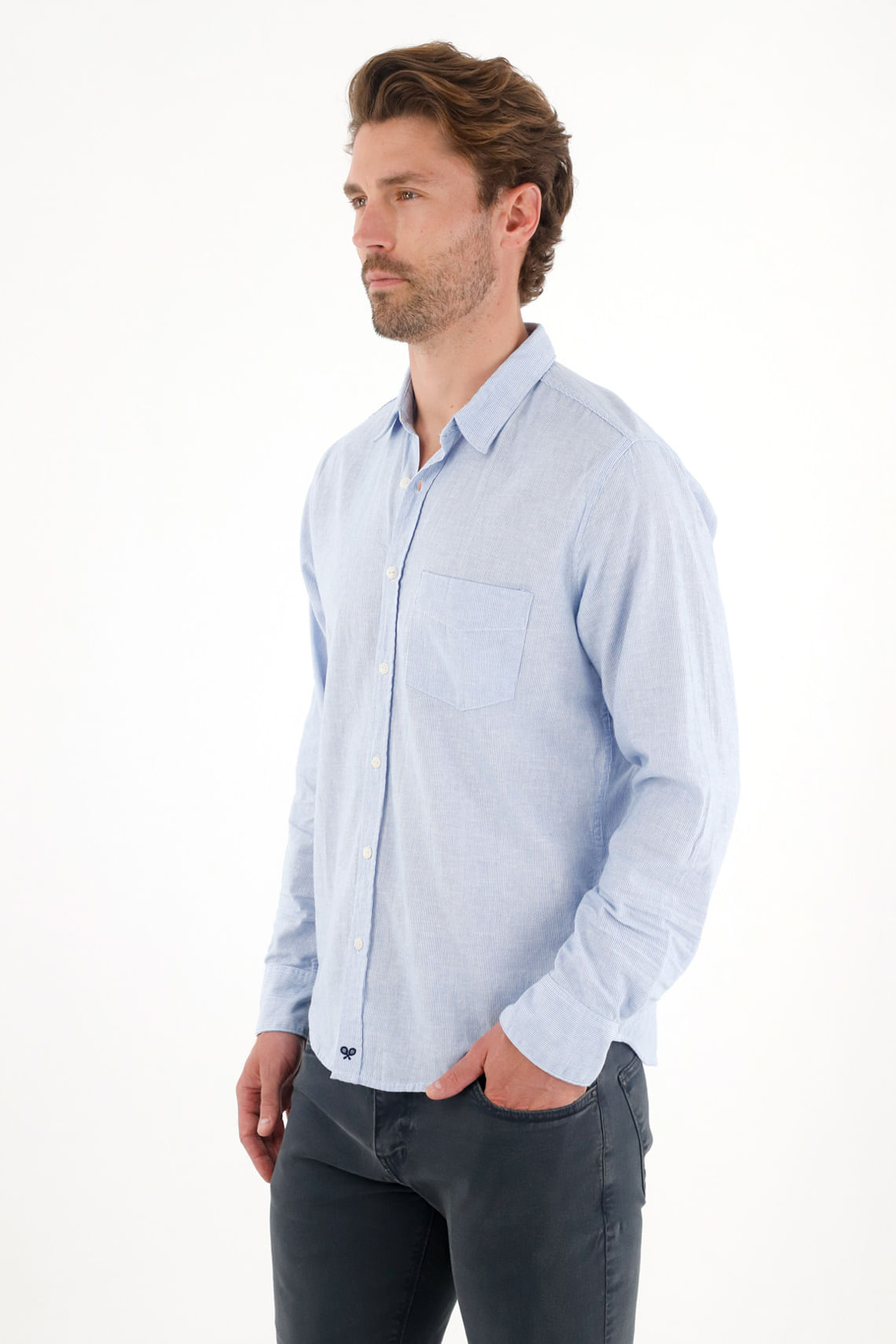 Camisa manga larga preteñida azul para hombre