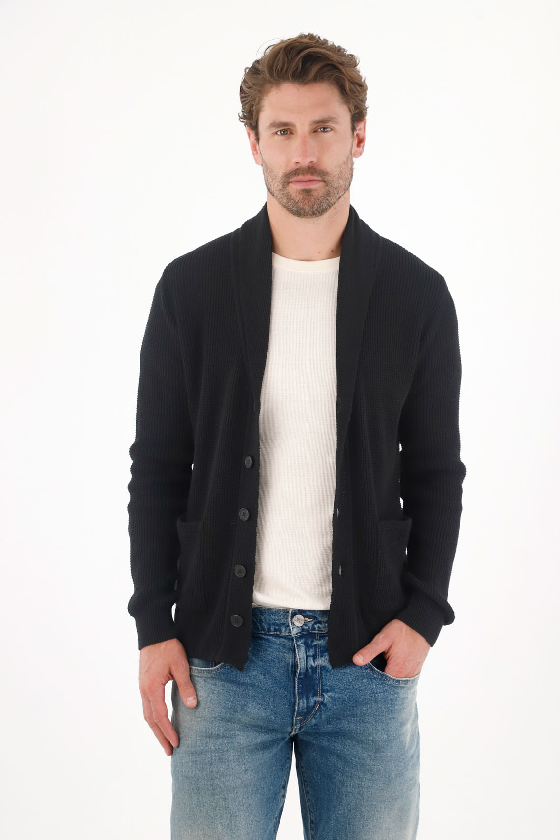 Buzo tejido tipo cárdigan negro para hombre