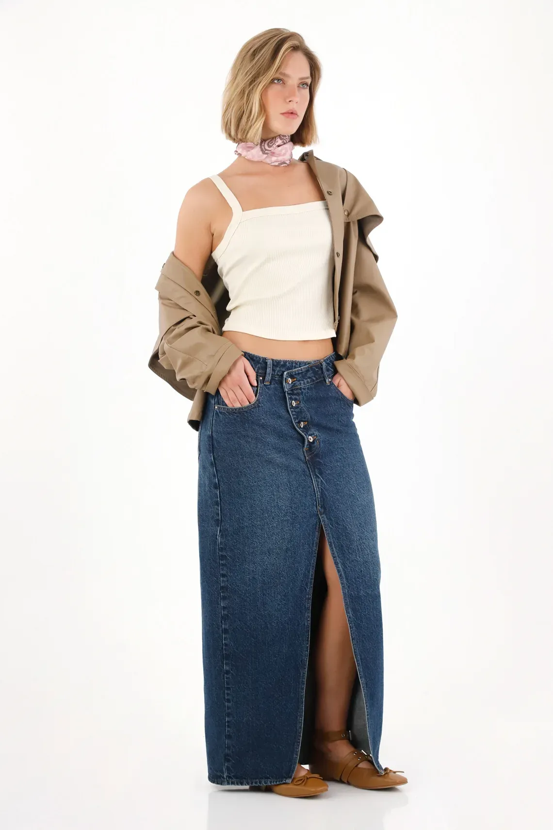 Falda larga en denim con jota asimétrica para mujer