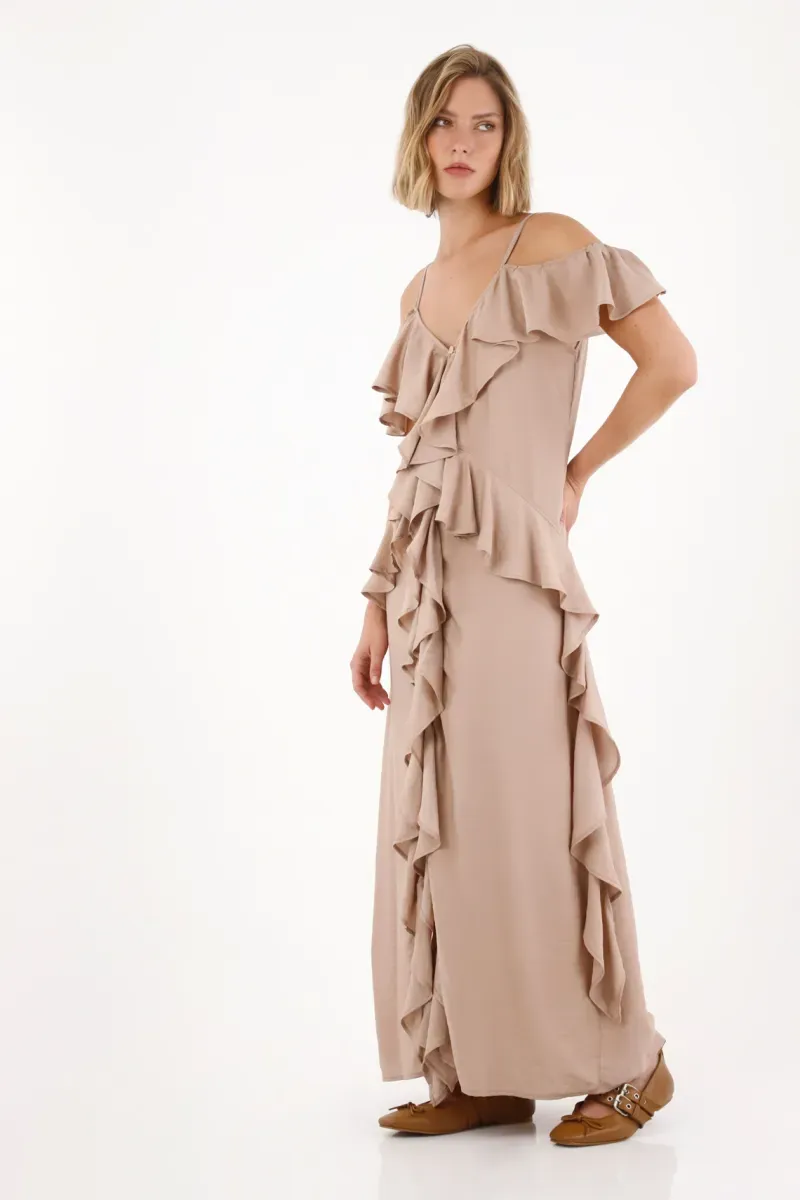 Vestido largo con boleros crudo para mujer