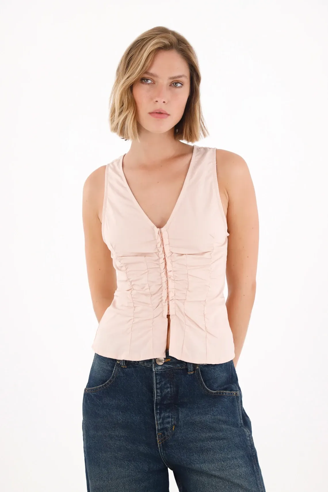 Camisa manga sisa en popelina rosada para mujer