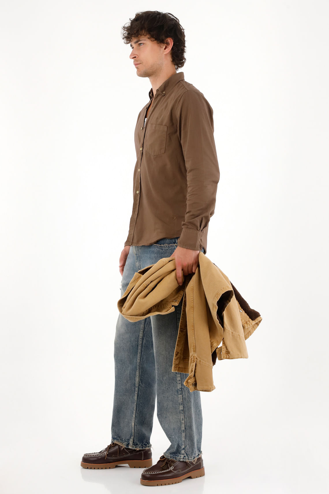 Camisa Oxford manga larga café para hombre