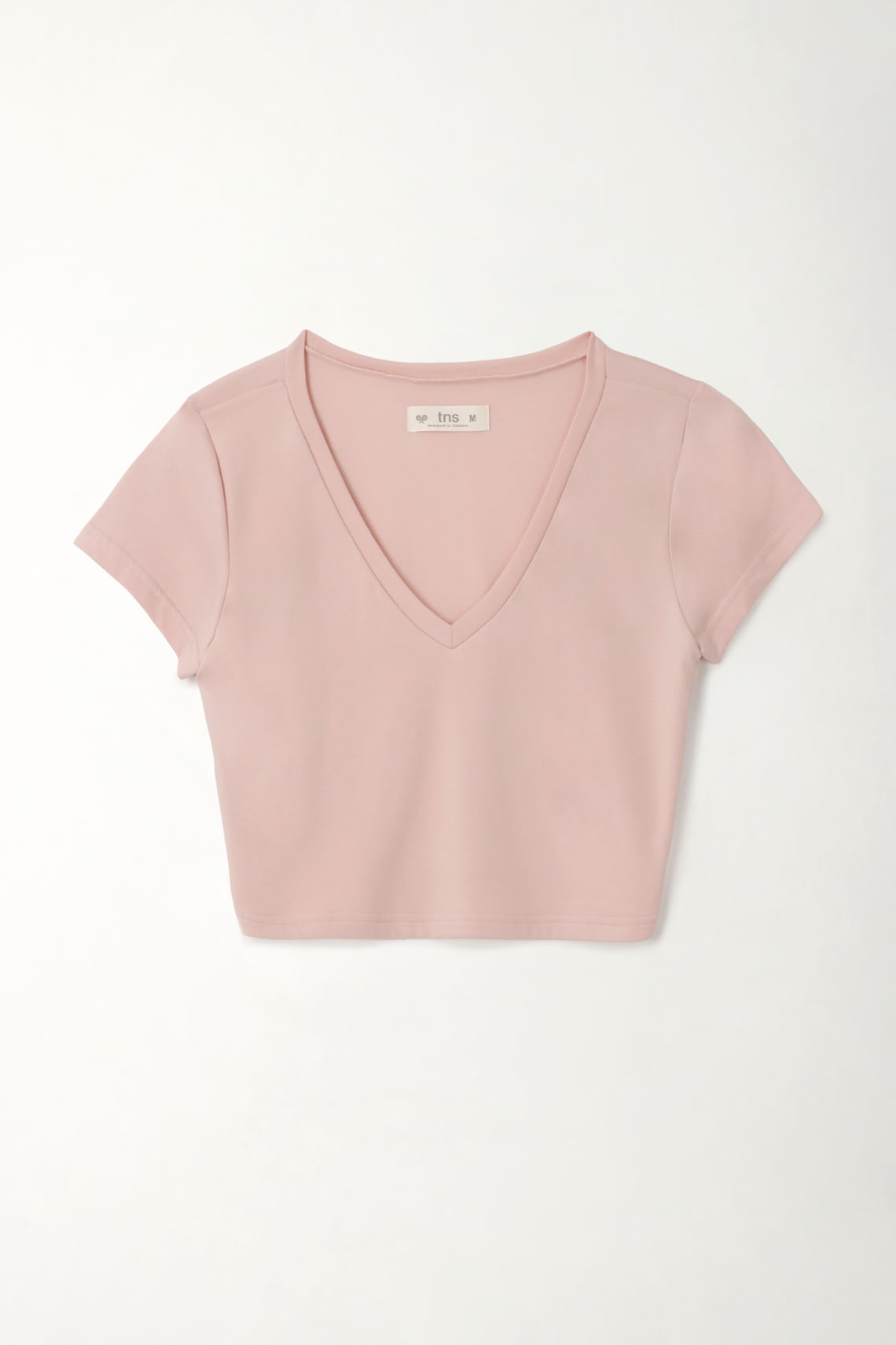 Camiseta crop con cuello en V rosada para mujer