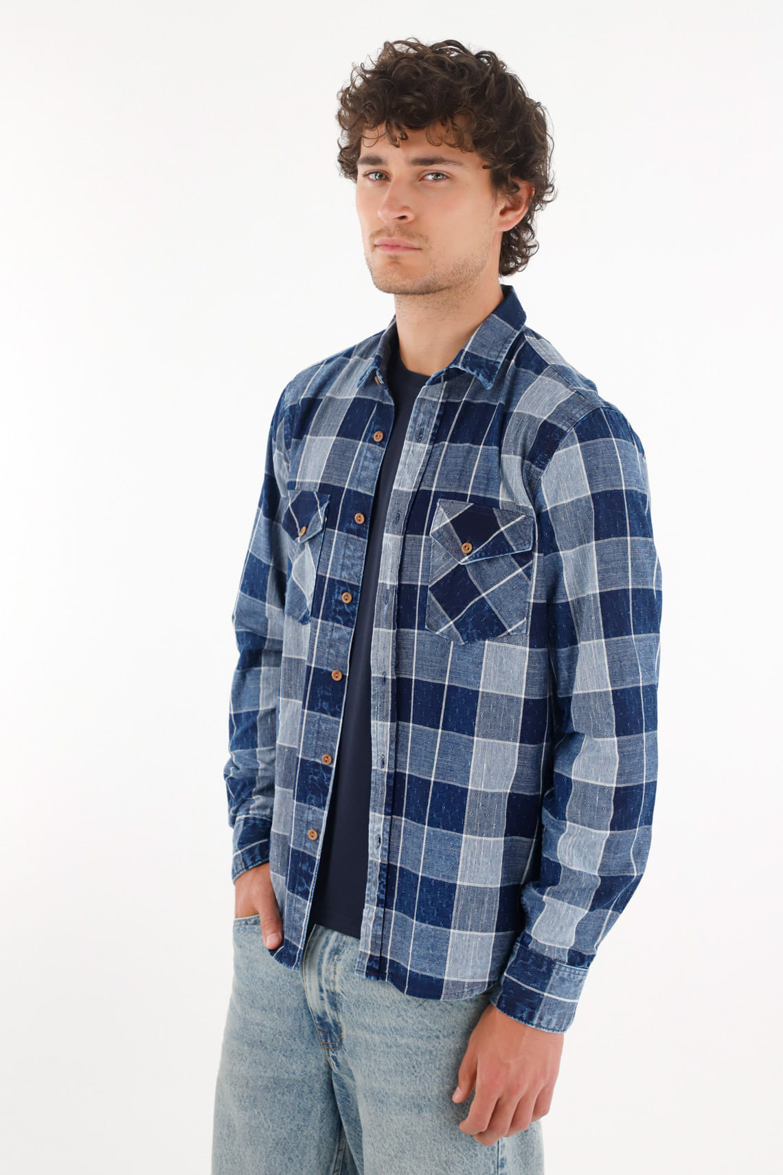 Camisa hombre algodón índigo regular fit cuadros preteñida