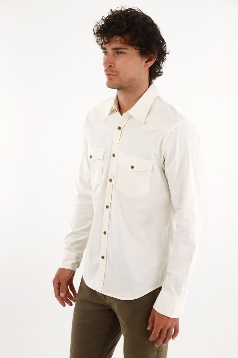 Camisa para hombre algodón stretch hueso regular fit con bolsillos