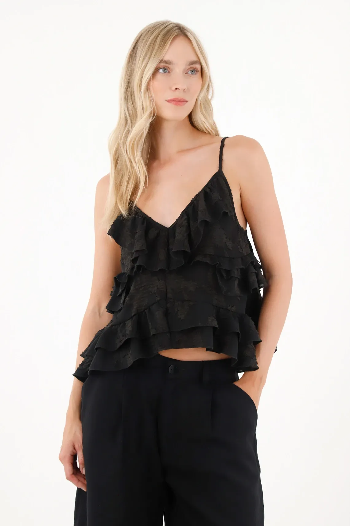 Camisa en tela bordada con boleros negra para mujer