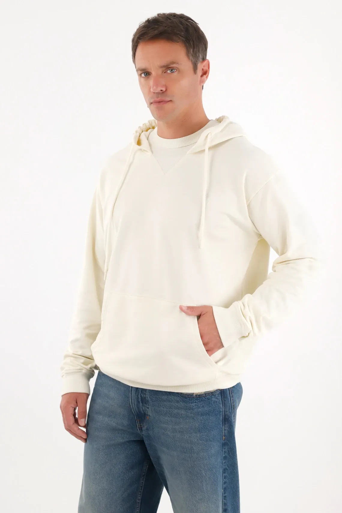 Buzo hoodie hombre algodón crudo fit relajado canguro