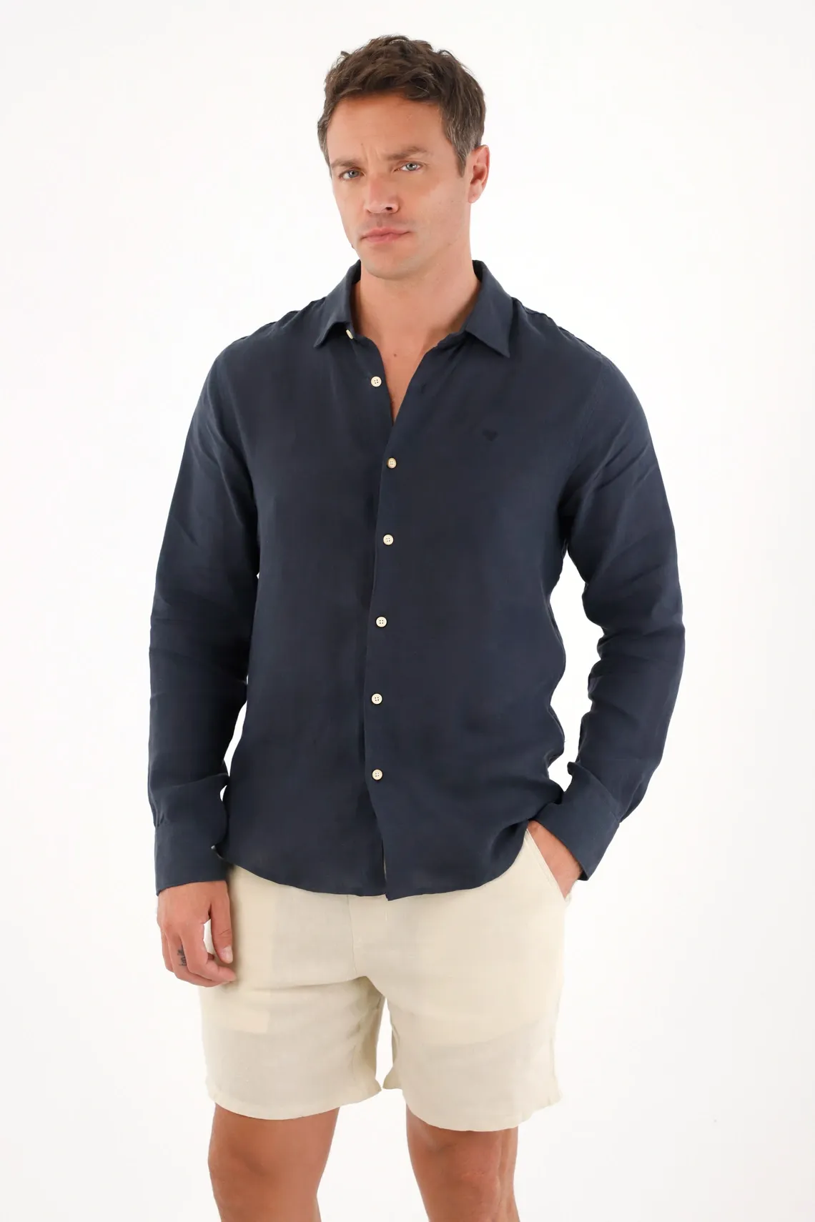 Camisa en 100% lino manga larga azul para hombre