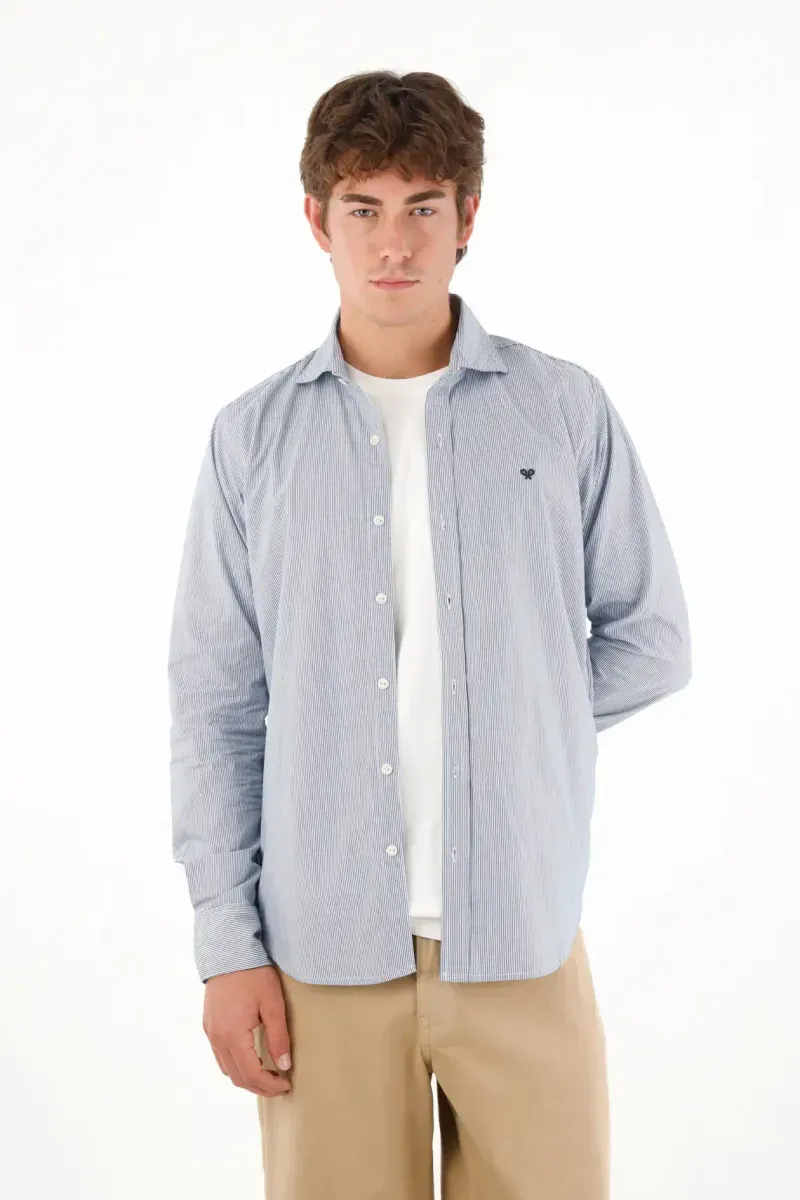 Camisa manga larga a rayas azul para hombre