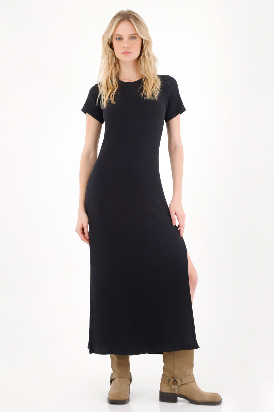 Vestido largo manga corta negro para mujer