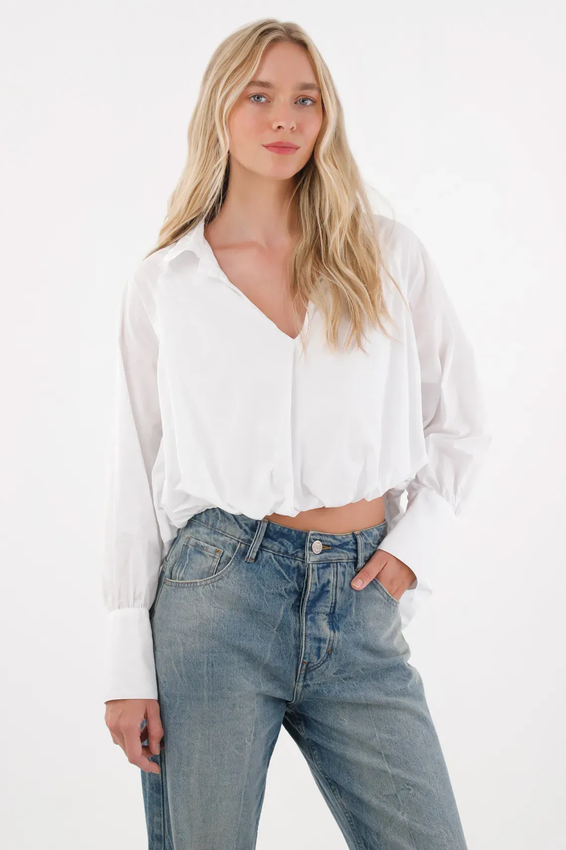 Camisa de silueta tipo globo blanca para mujer