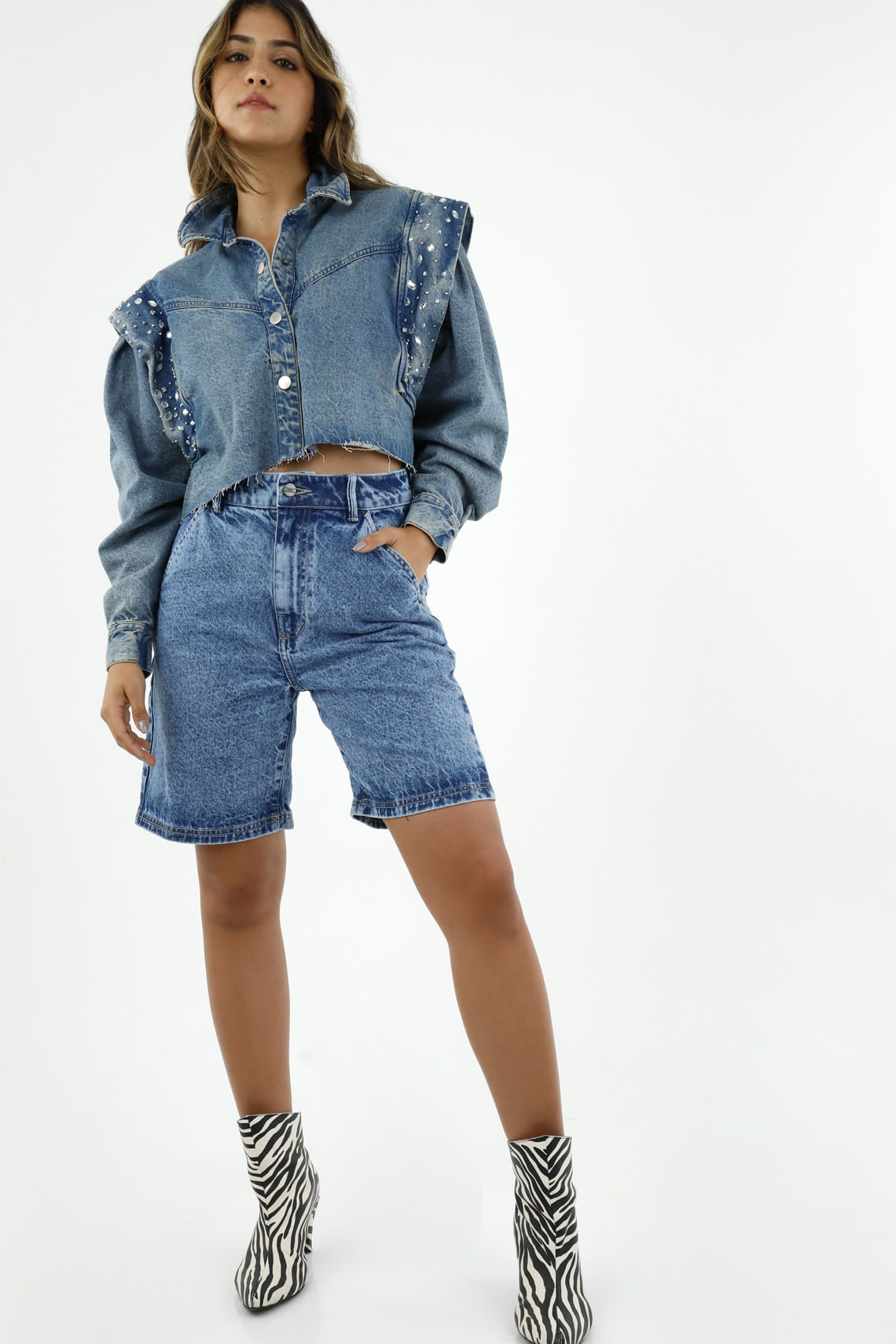 Short azul tiro alto para mujer