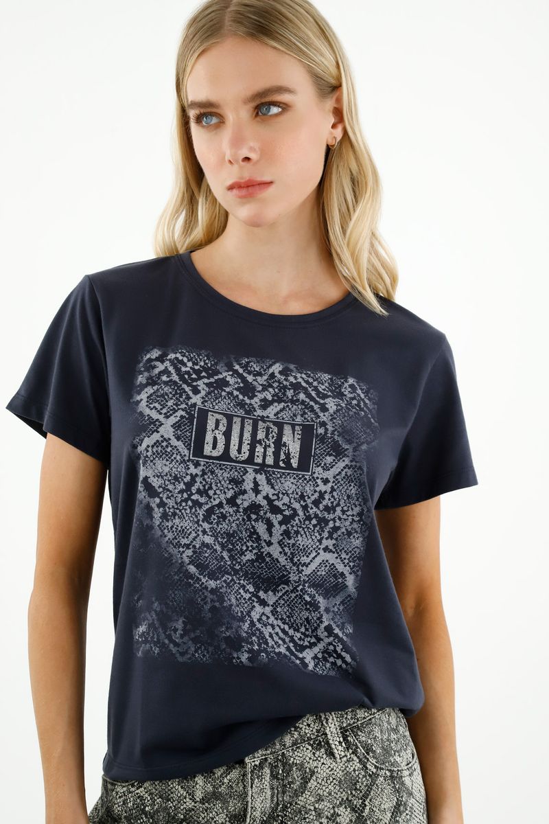 Camiseta con gráfico localizado azul para mujer