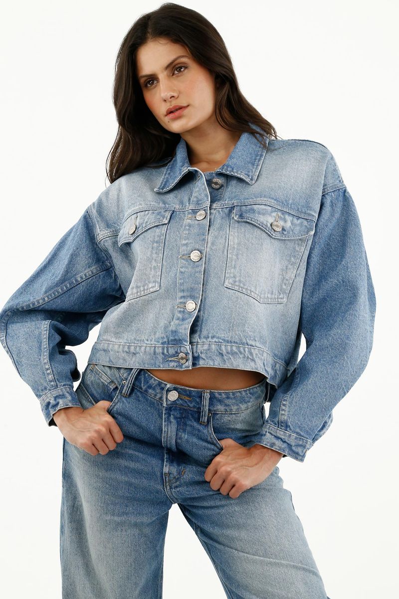 Chaqueta azul manga bombacha para mujer