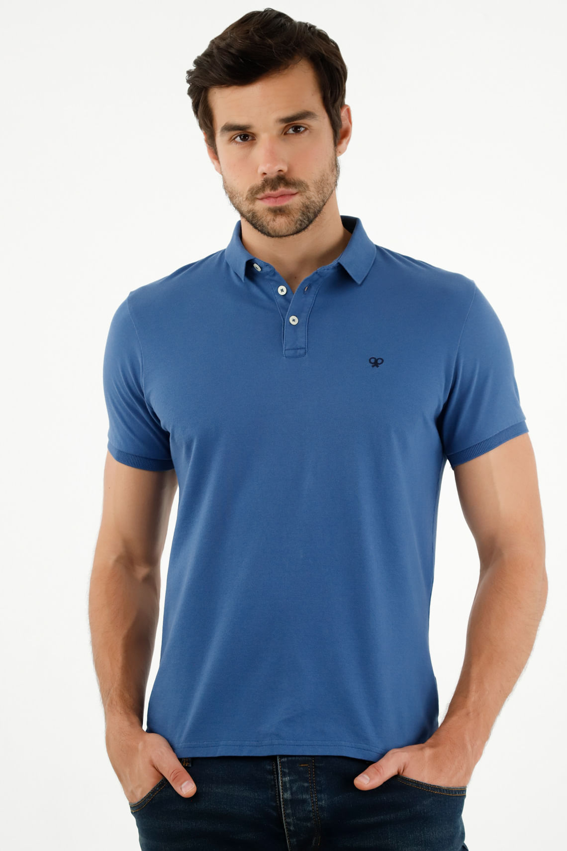 Polo azul bordado punto corazón para hombre