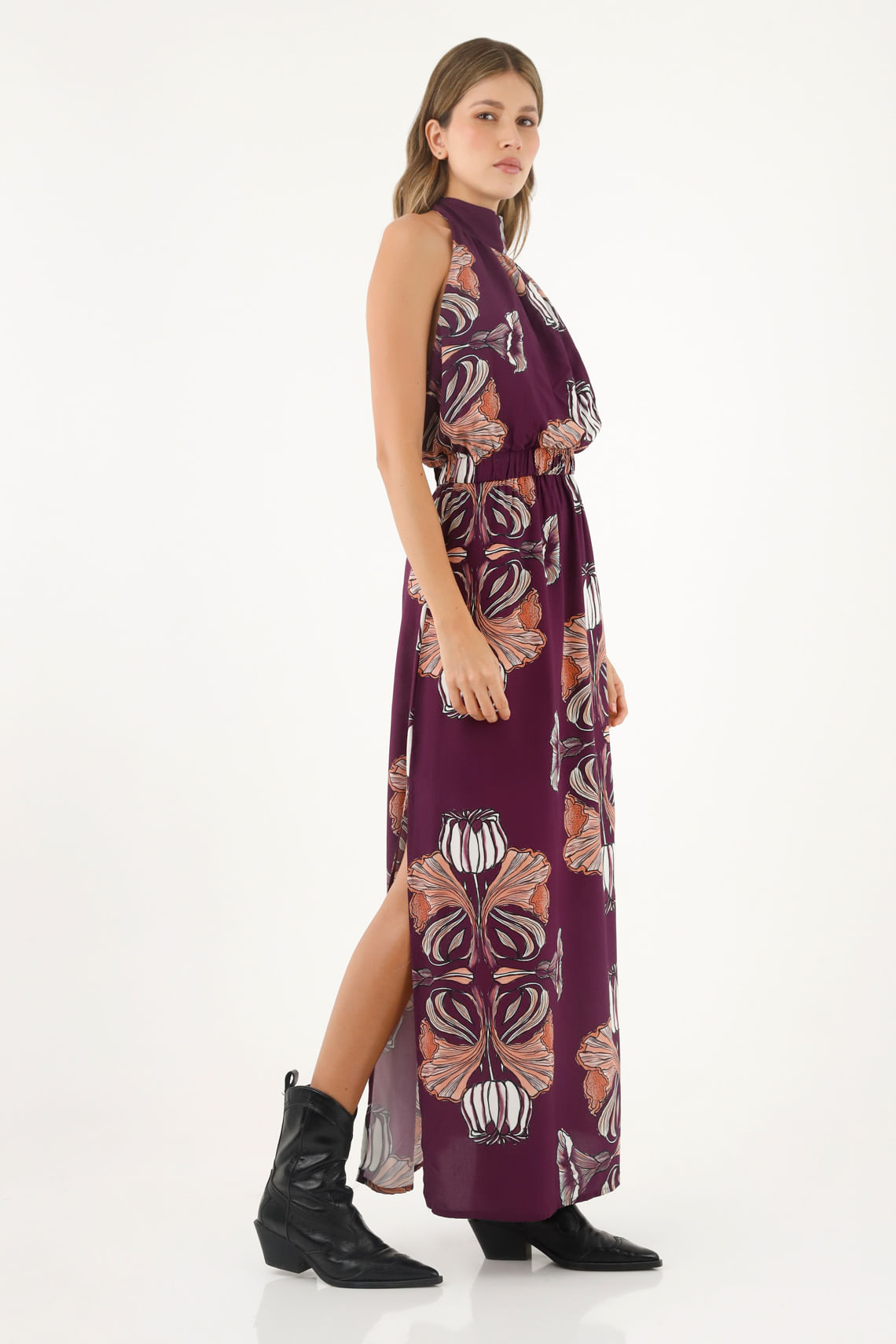 Vestido morado cuello halter para mujer