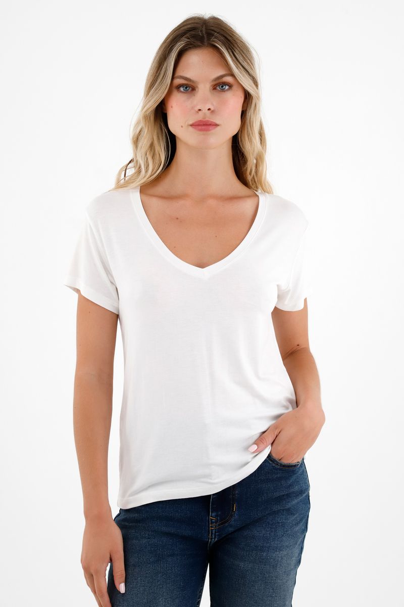 Camiseta blanca cuello V para mujer