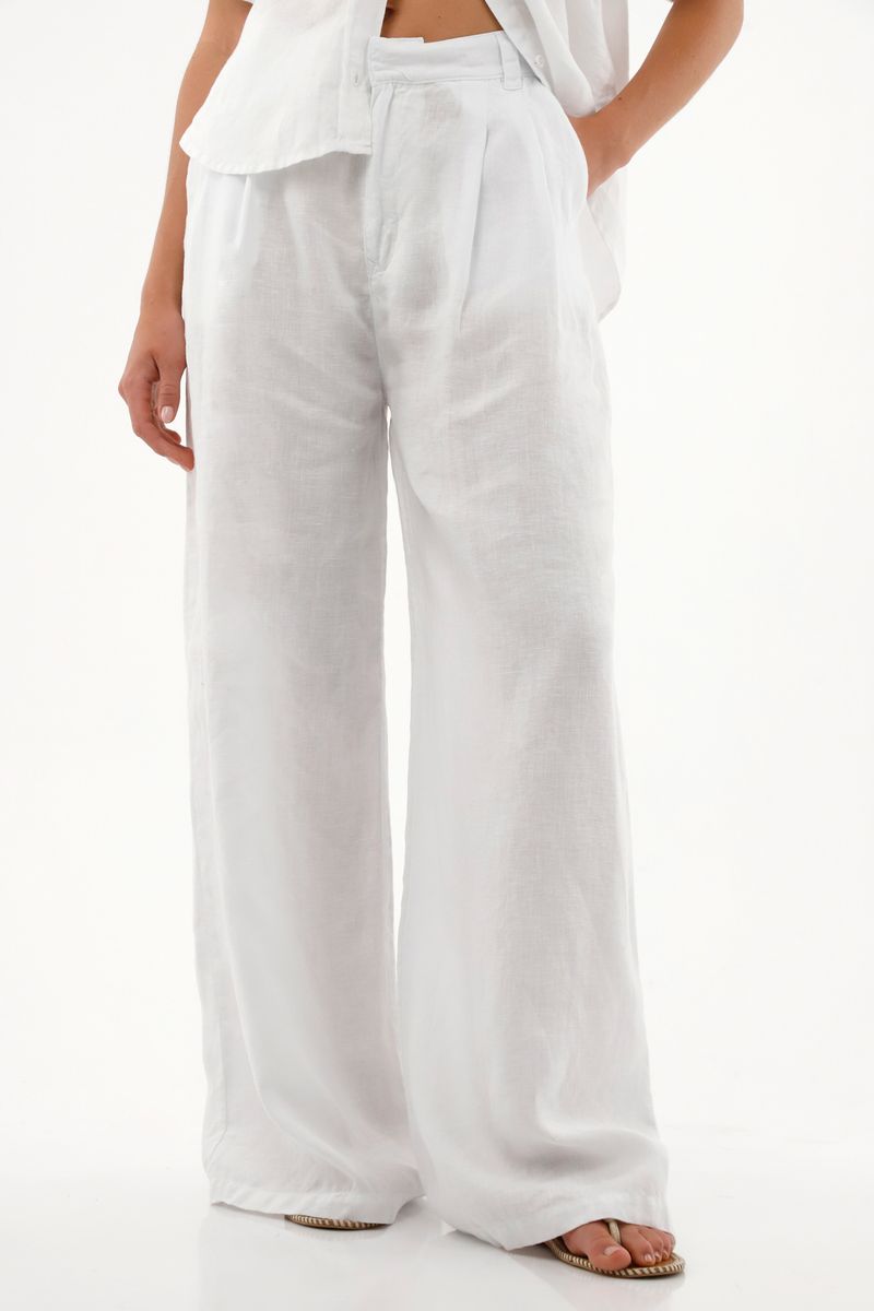Pantalón Wide Leg blanco en lino 100% para mujer
